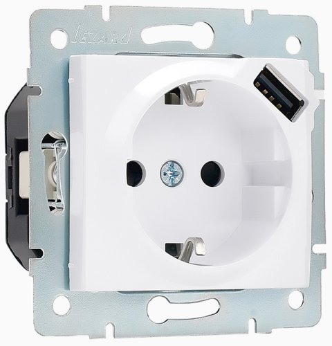 Розетка с заземлением +1хUSB без рамки Lezard Karina 1-м. белый картинка